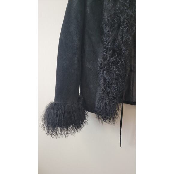Black Genuine Suede & Fur Trim 70s Glam Whimsygoth Festival Coat - Picture 9 of 16